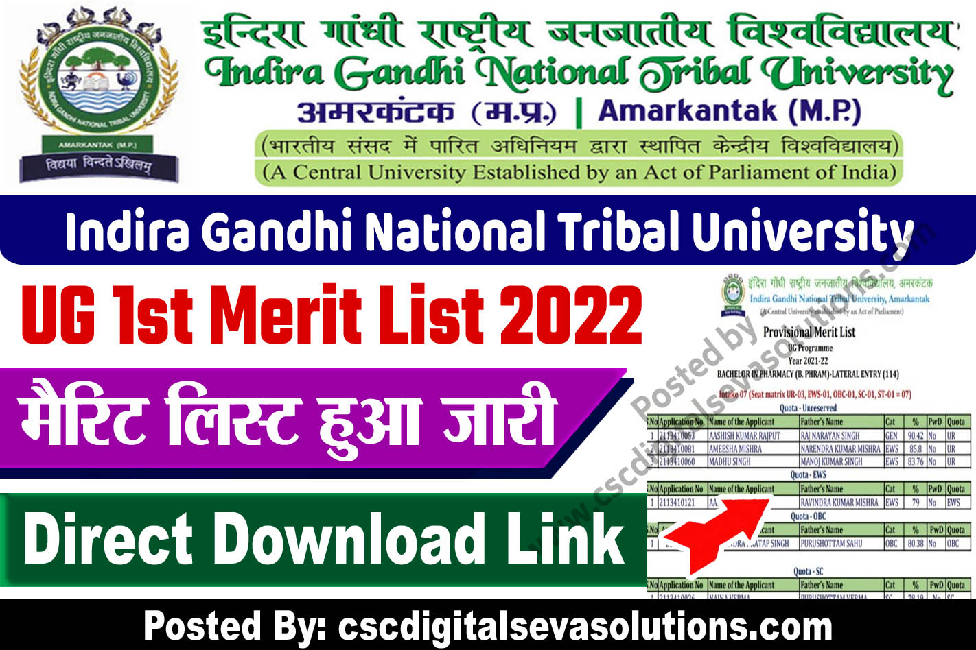 Indira Gandhi National Tribal University UG 1st Merit List 2022